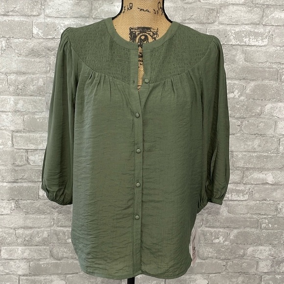 Nanette Lepore Smocked Green Button Down Top - Picture 1 of 8